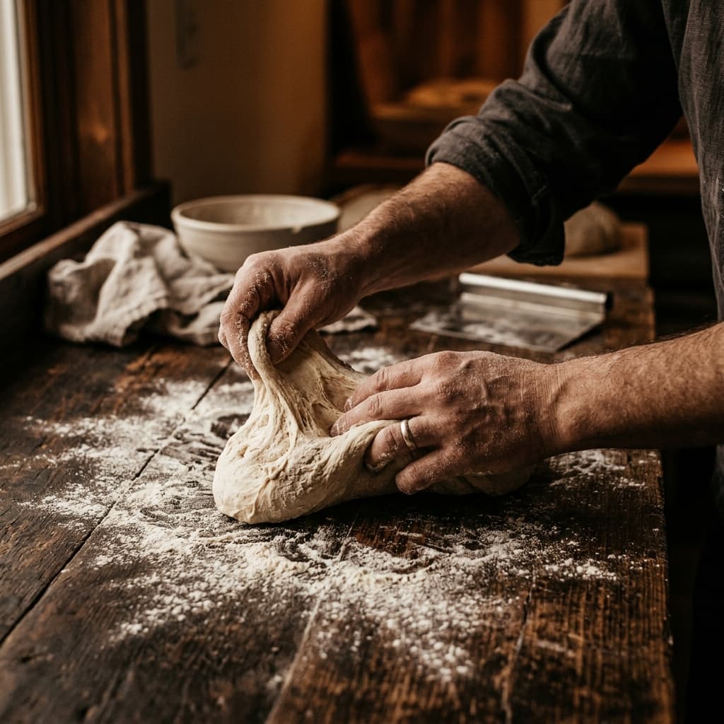 Proses pembuatan roti artisan di Dapur Jujur — tangan menguleni adonan